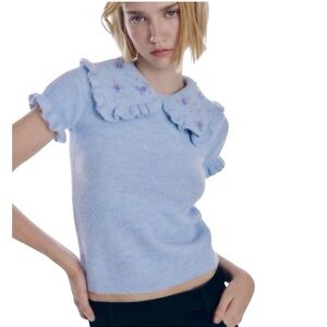 ZARA Peter Pan Beaded Collar Blue Cropped Knit Sweater Ruffle Trim Women’s Large